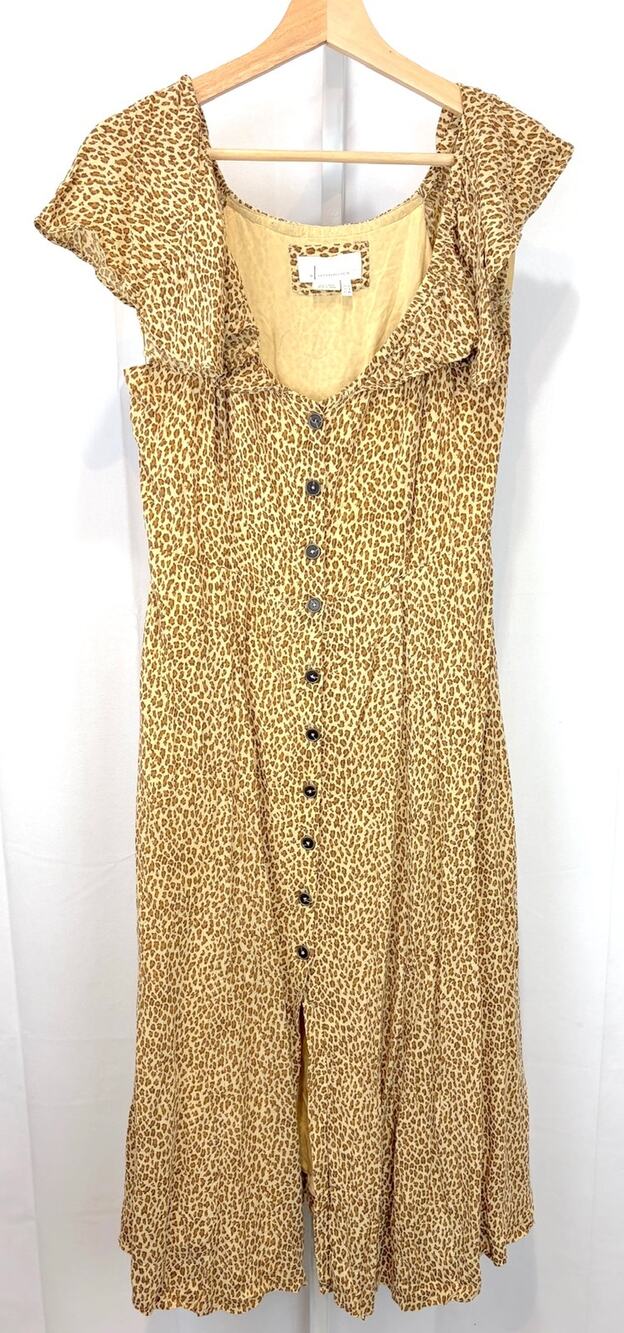 by ANTHROPOLOGIE Bolano Dress Ruffle Trim Animal Print Midi Brown Size 4